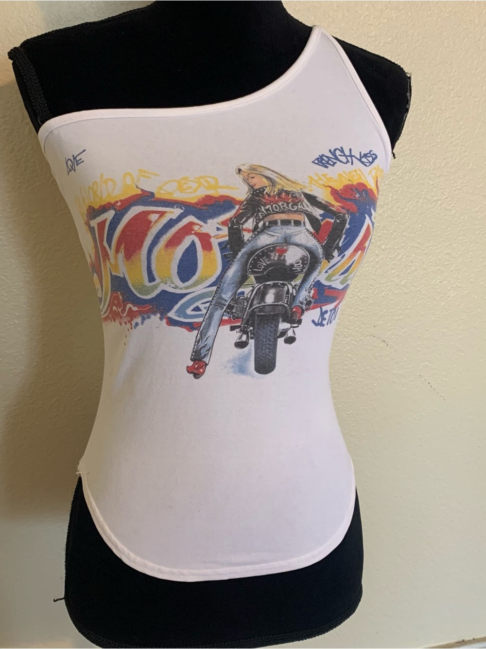 White Graphic One-Shoulder Women’s Tank Top